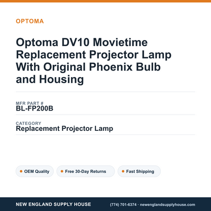 Optoma DV10 Movietime Replacement Projector Lamp With Original Phoenix Bulb and Housing — New England Supply House spec card [NESH-SPEC-CARD-V2]