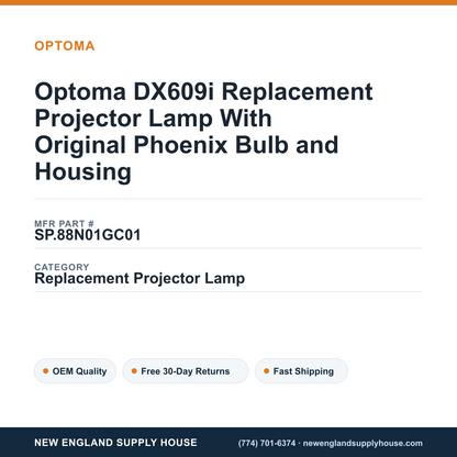 Optoma DX609i Replacement Projector Lamp With Original Phoenix Bulb and Housing — New England Supply House spec card [NESH-SPEC-CARD-V2]