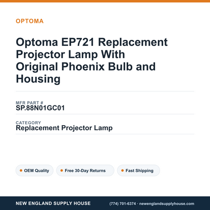 Optoma EP721 Replacement Projector Lamp With Original Phoenix Bulb and Housing — New England Supply House spec card [NESH-SPEC-CARD-V2]