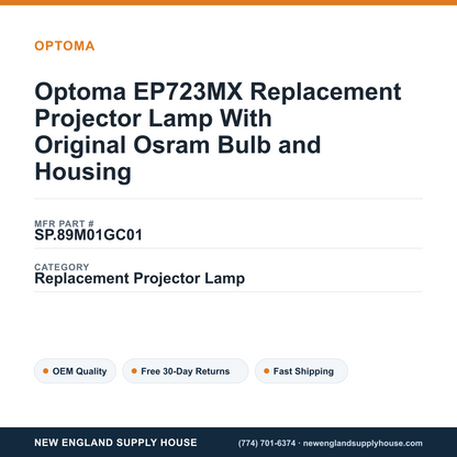Optoma EP723MX Replacement Projector Lamp With Original Osram Bulb and Housing — New England Supply House spec card [NESH-SPEC-CARD-V2]