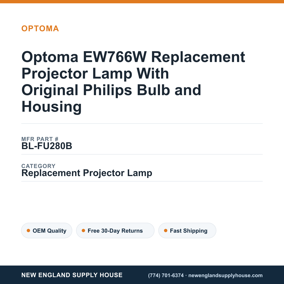Optoma EW766W Replacement Projector Lamp With Original Philips Bulb and Housing — New England Supply House spec card [NESH-SPEC-CARD-V2]