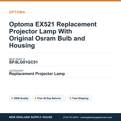 Optoma EX521 Replacement Projector Lamp With Original Osram Bulb and Housing — New England Supply House spec card [NESH-SPEC-CARD-V2]