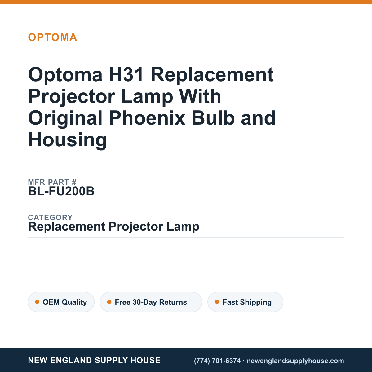 Optoma H31 Replacement Projector Lamp With Original Phoenix Bulb and Housing — New England Supply House spec card [NESH-SPEC-CARD-V2]
