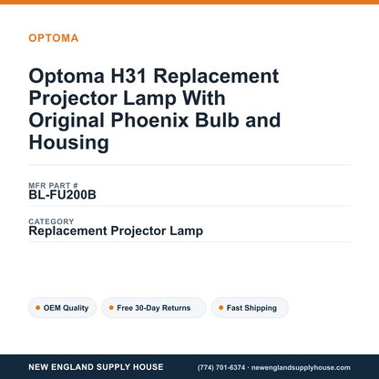 Optoma H31 Replacement Projector Lamp With Original Phoenix Bulb and Housing — New England Supply House spec card [NESH-SPEC-CARD-V2]