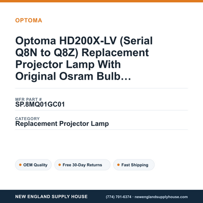Optoma HD200X-LV (Serial Q8N to Q8Z) Replacement Projector Lamp With Original Osram Bulb and Housing — New England Supply House spec card [NESH-SPEC-CARD-V2]