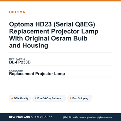Optoma HD23 (Serial Q8EG) Replacement Projector Lamp With Original Osram Bulb and Housing — New England Supply House spec card [NESH-SPEC-CARD-V2]