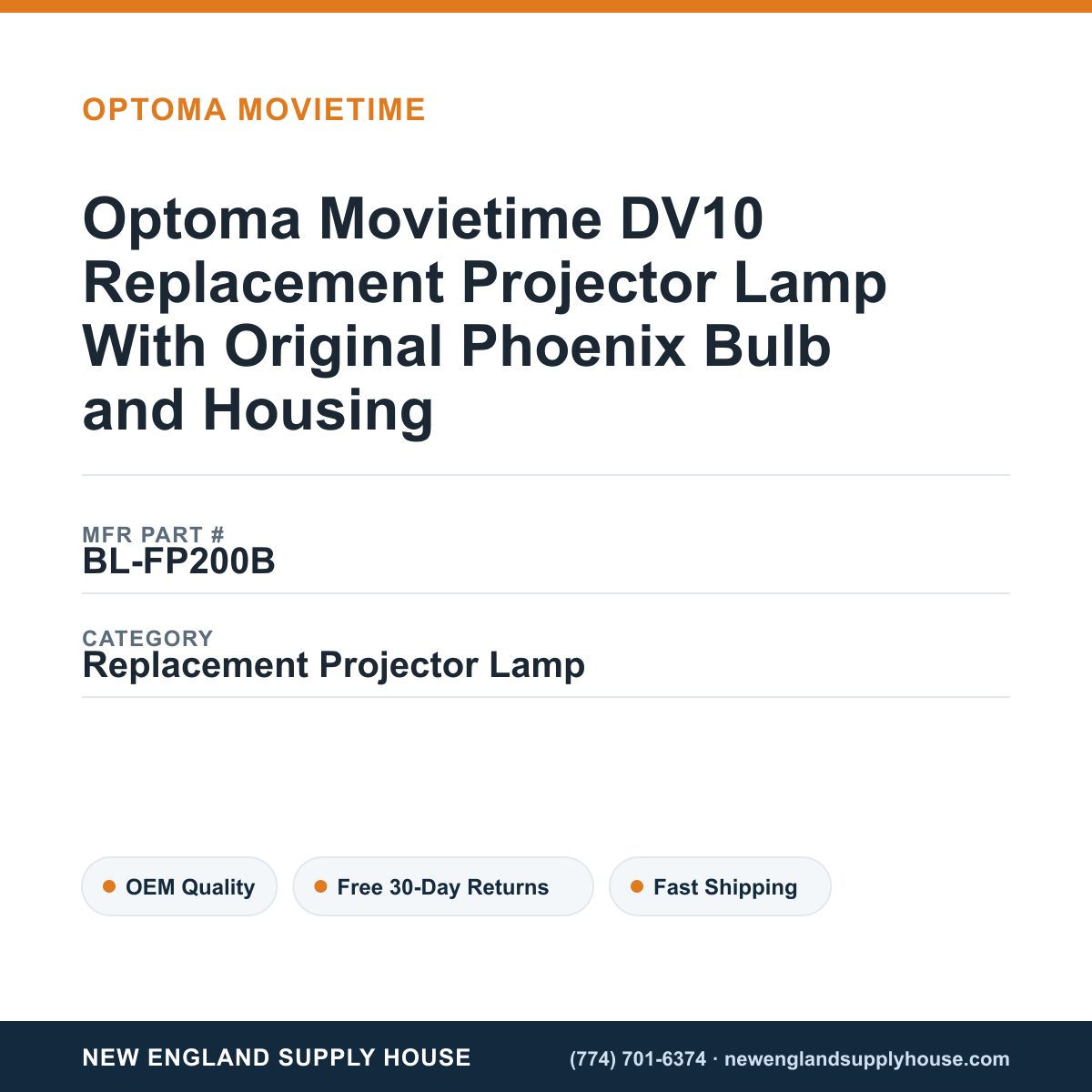 Optoma Movietime DV10 Replacement Projector Lamp With Original Phoenix Bulb and Housing — New England Supply House spec card [NESH-SPEC-CARD-V2]