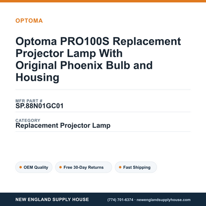 Optoma PRO100S Replacement Projector Lamp With Original Phoenix Bulb and Housing — New England Supply House spec card [NESH-SPEC-CARD-V2]