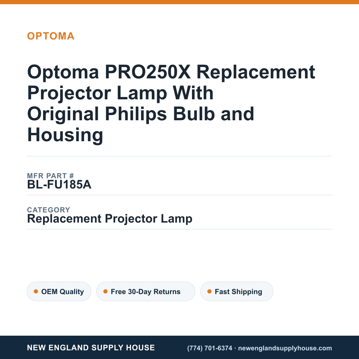Optoma PRO250X Replacement Projector Lamp With Original Philips Bulb and Housing — New England Supply House spec card [NESH-SPEC-CARD-V2]