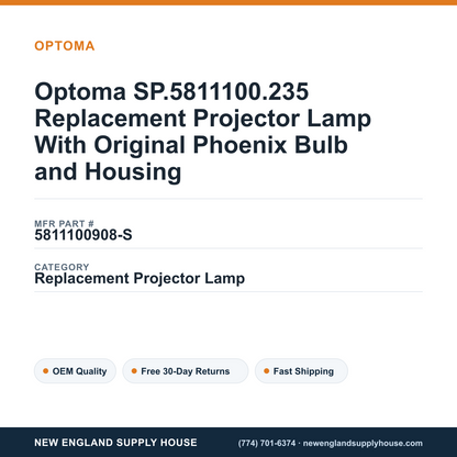 Optoma SP.5811100.235 Replacement Projector Lamp With Original Phoenix Bulb and Housing — New England Supply House spec card [NESH-SPEC-CARD-V2]