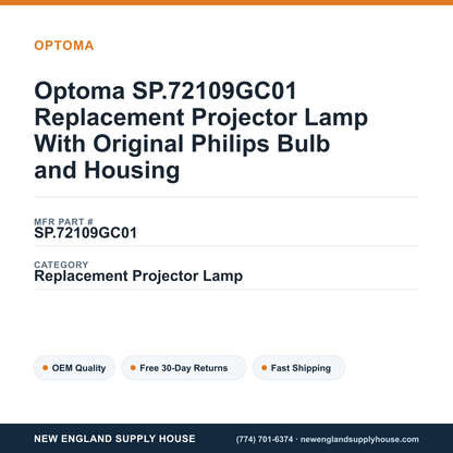 Optoma SP.72109GC01 Replacement Projector Lamp With Original Philips Bulb and Housing — New England Supply House spec card [NESH-SPEC-CARD-V2]