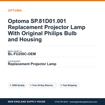 Optoma SP.81D01.001 Replacement Projector Lamp With Original Philips Bulb and Housing — New England Supply House spec card [NESH-SPEC-CARD-V2]