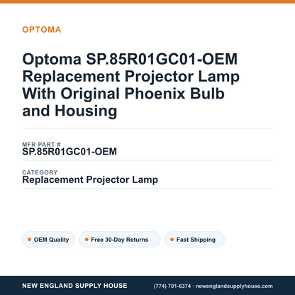 Optoma SP.85R01GC01-OEM Replacement Projector Lamp With Original Phoenix Bulb and Housing — New England Supply House spec card [NESH-SPEC-CARD-V2]