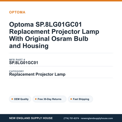 Optoma SP.8LG01GC01 Replacement Projector Lamp With Original Osram Bulb and Housing — New England Supply House spec card [NESH-SPEC-CARD-V2]