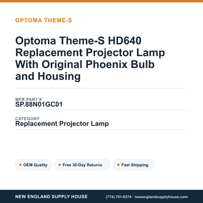 Optoma Theme-S HD640 Replacement Projector Lamp With Original Phoenix Bulb and Housing — New England Supply House spec card [NESH-SPEC-CARD-V2]