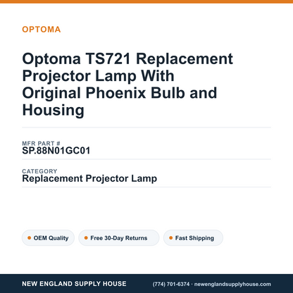 Optoma TS721 Replacement Projector Lamp With Original Phoenix Bulb and Housing — New England Supply House spec card [NESH-SPEC-CARD-V2]