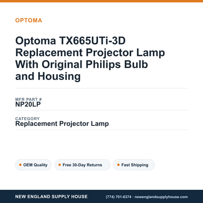 Optoma TX665UTi-3D Replacement Projector Lamp With Original Philips Bulb and Housing — New England Supply House spec card [NESH-SPEC-CARD-V2]