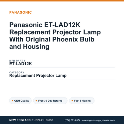 Panasonic ET-LAD12K Replacement Projector Lamp With Original Phoenix Bulb and Housing — New England Supply House spec card [NESH-SPEC-CARD-V2]