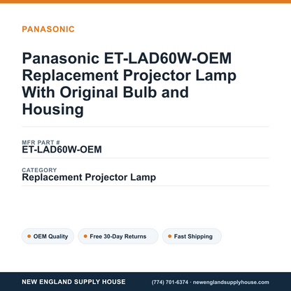 Panasonic ET-LAD60W-OEM Replacement Projector Lamp With Original Bulb and Housing — New England Supply House spec card [NESH-SPEC-CARD-V2]