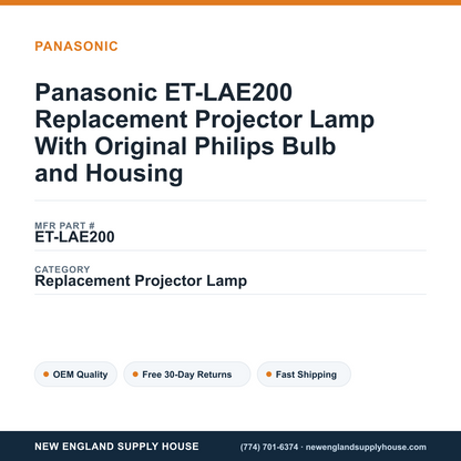 Panasonic ET-LAE200 Replacement Projector Lamp With Original Philips Bulb and Housing — New England Supply House spec card [NESH-SPEC-CARD-V2]