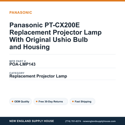 Panasonic PT-CX200E Replacement Projector Lamp With Original Ushio Bulb and Housing — New England Supply House spec card [NESH-SPEC-CARD-V2]