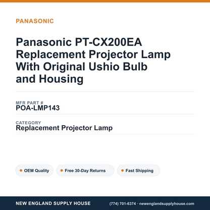 Panasonic PT-CX200EA Replacement Projector Lamp With Original Ushio Bulb and Housing — New England Supply House spec card [NESH-SPEC-CARD-V2]