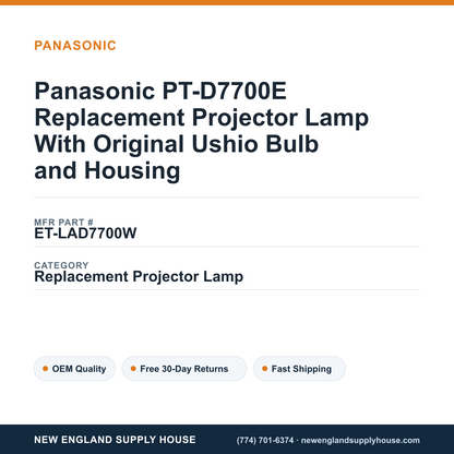 Panasonic PT-D7700E Replacement Projector Lamp With Original Ushio Bulb and Housing — New England Supply House spec card [NESH-SPEC-CARD-V2]