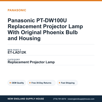 Panasonic PT-DW100U Replacement Projector Lamp With Original Phoenix Bulb and Housing — New England Supply House spec card [NESH-SPEC-CARD-V2]