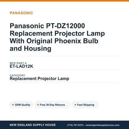 Panasonic PT-DZ12000 Replacement Projector Lamp With Original Phoenix Bulb and Housing — New England Supply House spec card [NESH-SPEC-CARD-V2]