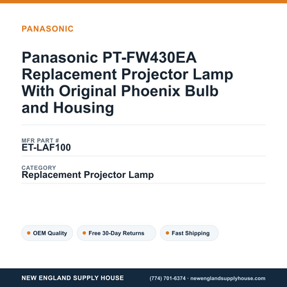Panasonic PT-FW430EA Replacement Projector Lamp With Original Phoenix Bulb and Housing — New England Supply House spec card [NESH-SPEC-CARD-V2]