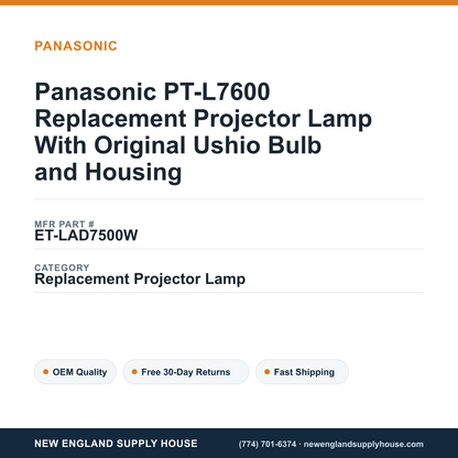 Panasonic PT-L7600 Replacement Projector Lamp With Original Ushio Bulb and Housing — New England Supply House spec card [NESH-SPEC-CARD-V2]