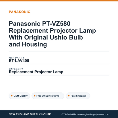 Panasonic PT-VZ580 Replacement Projector Lamp With Original Ushio Bulb and Housing — New England Supply House spec card [NESH-SPEC-CARD-V2]