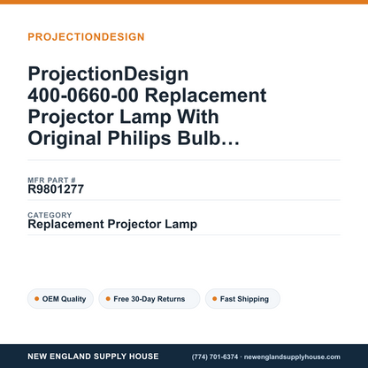ProjectionDesign 400-0660-00 Replacement Projector Lamp With Original Philips Bulb and Housing — New England Supply House spec card [NESH-SPEC-CARD-V2]