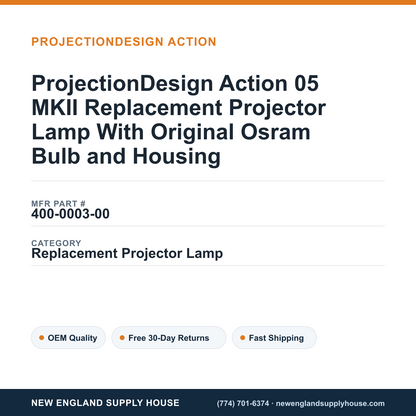 ProjectionDesign Action 05 MKII Replacement Projector Lamp With Original Osram Bulb and Housing — New England Supply House spec card [NESH-SPEC-CARD-V2]