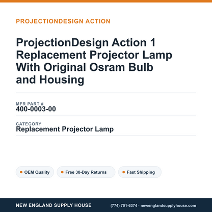 ProjectionDesign Action 1 Replacement Projector Lamp With Original Osram Bulb and Housing — New England Supply House spec card [NESH-SPEC-CARD-V2]