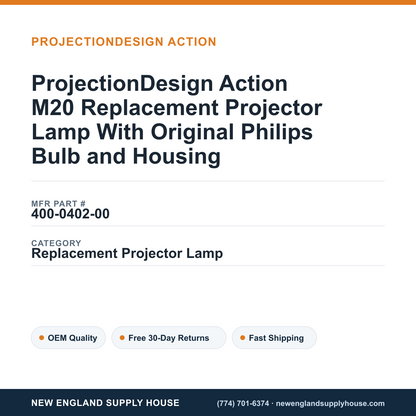 ProjectionDesign Action M20 Replacement Projector Lamp With Original Philips Bulb and Housing — New England Supply House spec card [NESH-SPEC-CARD-V2]