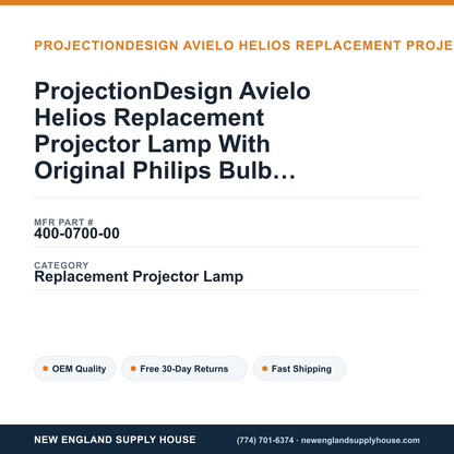 ProjectionDesign Avielo Helios Replacement Projector Lamp With Original Philips Bulb and Housing — New England Supply House spec card [NESH-SPEC-CARD-V2]