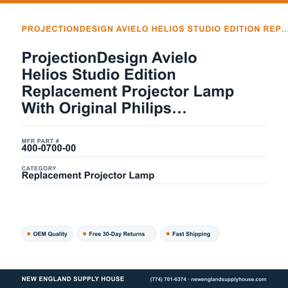 ProjectionDesign Avielo Helios Studio Edition Replacement Projector Lamp With Original Philips Bulb and Housing — New England Supply House spec card [NESH-SPEC-CARD-V2]