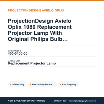 ProjectionDesign Avielo Oplix 1080 Replacement Projector Lamp With Original Philips Bulb and Housing — New England Supply House spec card [NESH-SPEC-CARD-V2]