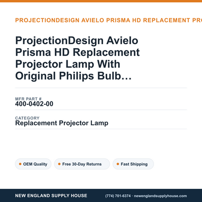 ProjectionDesign Avielo Prisma HD Replacement Projector Lamp With Original Philips Bulb and Housing — New England Supply House spec card [NESH-SPEC-CARD-V2]