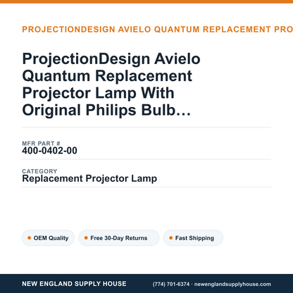 ProjectionDesign Avielo Quantum Replacement Projector Lamp With Original Philips Bulb and Housing — New England Supply House spec card [NESH-SPEC-CARD-V2]