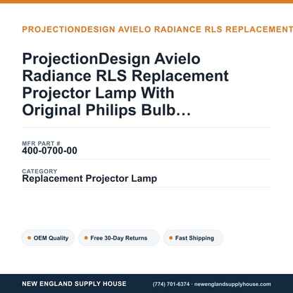 ProjectionDesign Avielo Radiance RLS Replacement Projector Lamp With Original Philips Bulb and Housing — New England Supply House spec card [NESH-SPEC-CARD-V2]
