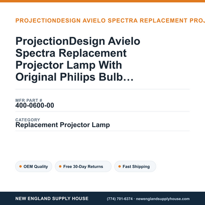ProjectionDesign Avielo Spectra Replacement Projector Lamp With Original Philips Bulb and Housing — New England Supply House spec card [NESH-SPEC-CARD-V2]