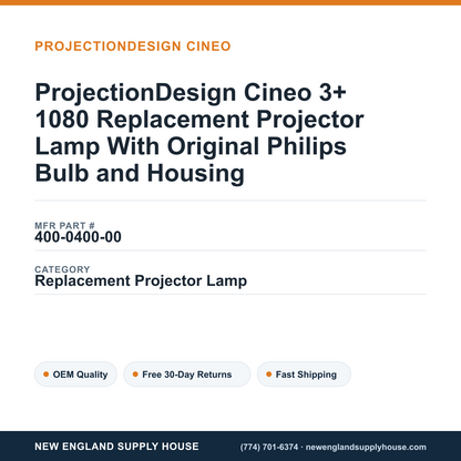 ProjectionDesign Cineo 3+ 1080 Replacement Projector Lamp With Original Philips Bulb and Housing — New England Supply House spec card [NESH-SPEC-CARD-V2]