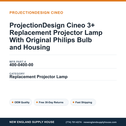 ProjectionDesign Cineo 3+ Replacement Projector Lamp With Original Philips Bulb and Housing — New England Supply House spec card [NESH-SPEC-CARD-V2]