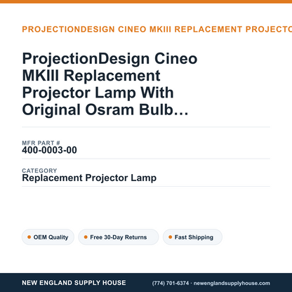 ProjectionDesign Cineo MKIII Replacement Projector Lamp With Original Osram Bulb and Housing — New England Supply House spec card [NESH-SPEC-CARD-V2]