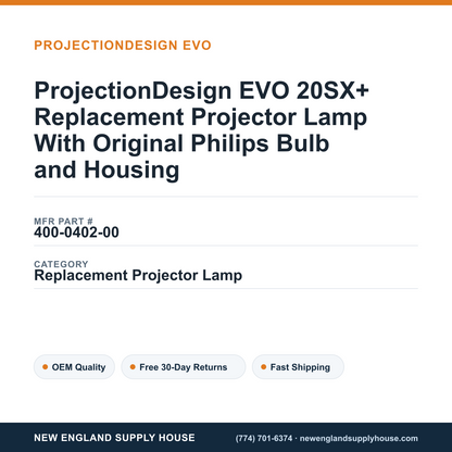 ProjectionDesign EVO 20SX+ Replacement Projector Lamp With Original Philips Bulb and Housing — New England Supply House spec card [NESH-SPEC-CARD-V2]