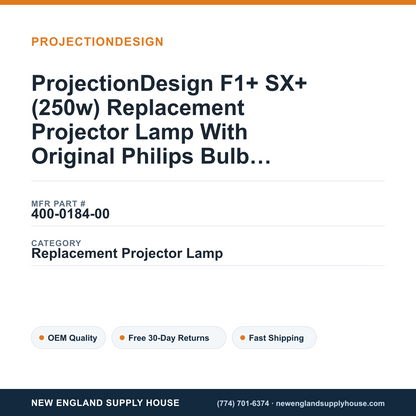 ProjectionDesign F1+ SX+ (250w) Replacement Projector Lamp With Original Philips Bulb and Housing — New England Supply House spec card [NESH-SPEC-CARD-V2]