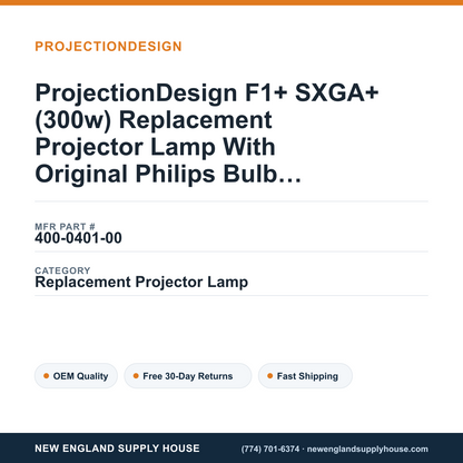 ProjectionDesign F1+ SXGA+ (300w) Replacement Projector Lamp With Original Philips Bulb and Housing — New England Supply House spec card [NESH-SPEC-CARD-V2]