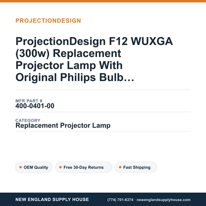 ProjectionDesign F12 WUXGA (300w) Replacement Projector Lamp With Original Philips Bulb and Housing — New England Supply House spec card [NESH-SPEC-CARD-V2]